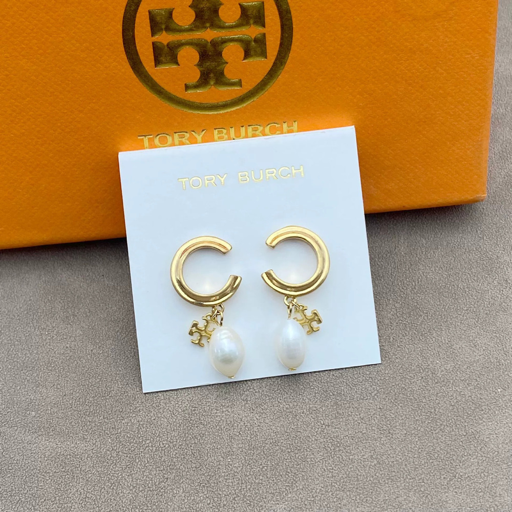 Tory Burch 3D Letter Freshwater Pearl Drop Earrings Metal